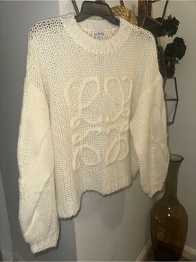 Designer Inspired Cream Open Knit Crewneck Sweater with Raised Anagram
